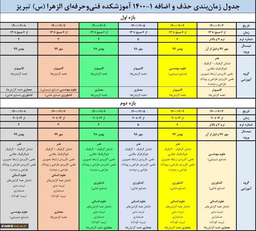 جدول زمانبندی حذف و اضافه 1-1400 اموزشکده فنی و حرفه ای الزهرا تبریز