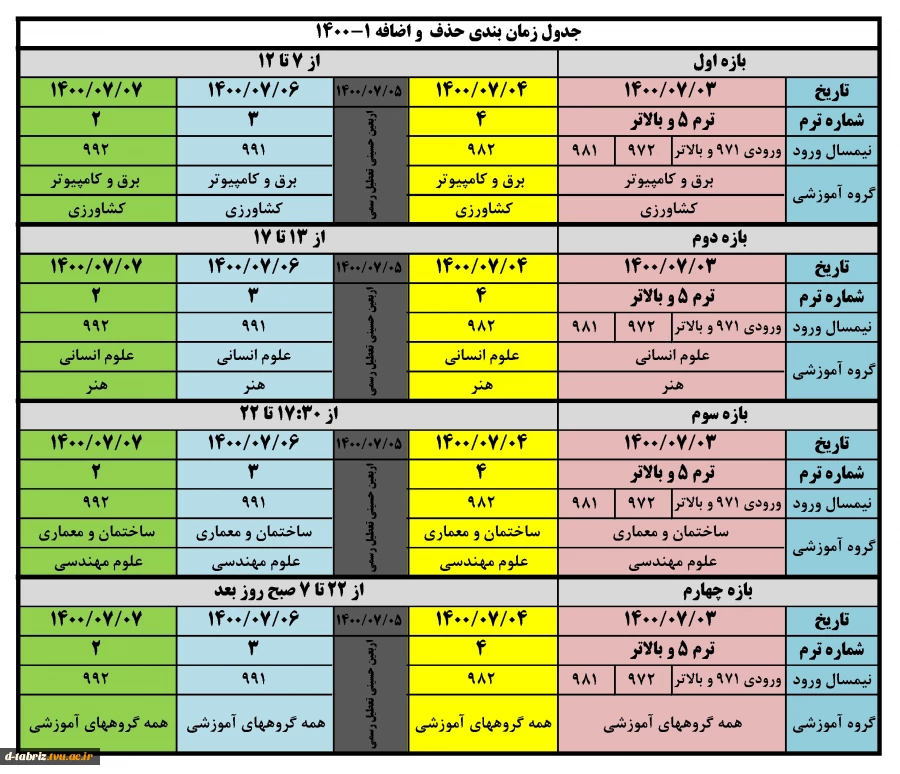 جدول زمانبندی حذف و اضافه 1-1400 اموزشکده فنی و حرفه ای الزهرا تبریز 2