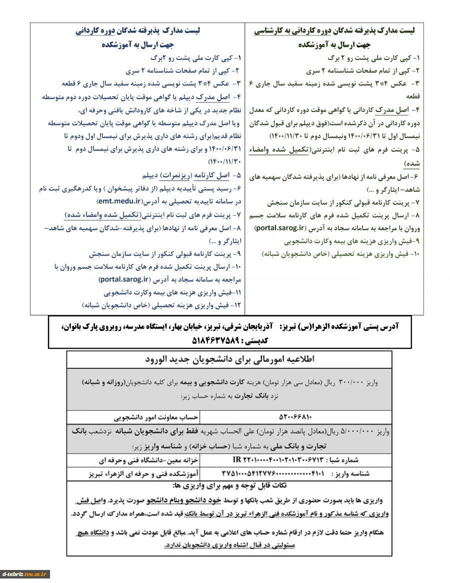 مدارک مورد نیاز جهت ثبت نام 2