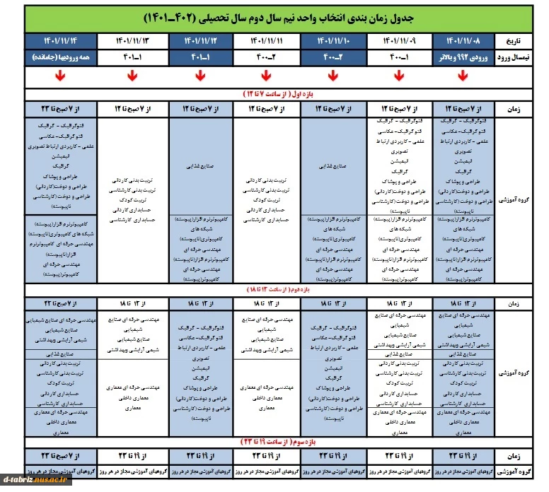 زمانبندی انتخاب واحد نیمسال دوم 2