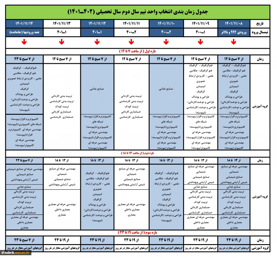 زمانبندی انتخاب واحد نیمسال دوم 4